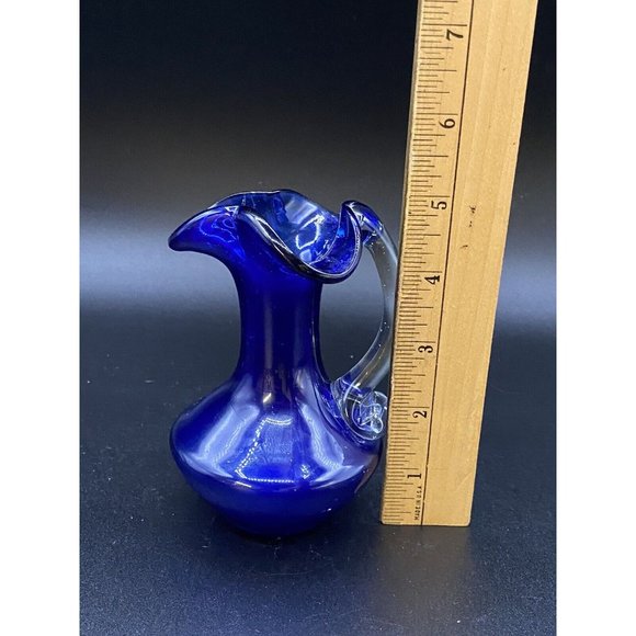 Vintage Blue Cobalt Clear Applied Handle Vase 5” Pitcher Hand Blown - Picture 5 of 8